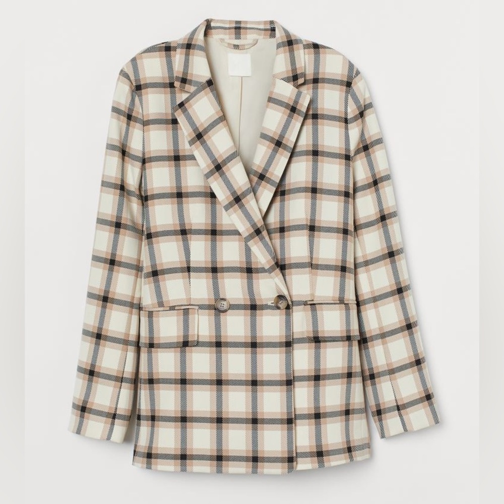 H&M (XXS) Double-Breasted Blazer in Ivory, Black and Beige Plaid